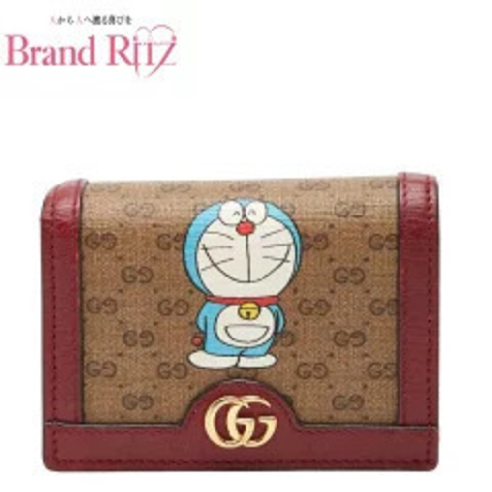 Gucci GG Supreme Doraemon Bifold Wallet Leather Burgundy Red Beige
